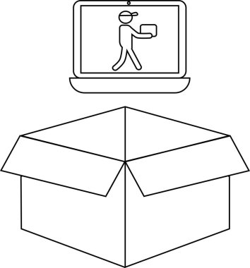Bir dağıtım elemanı ve açık bir karton kutu gösteren bir dizüstü bilgisayarla çevrimiçi dağıtım servisi..