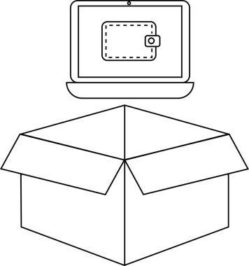 Açık bir karton kutunun üzerinde, online alışveriş ve dağıtım hizmetlerini temsil eden bir cüzdan simgesini gösteren bir dizüstü bilgisayar tasviri.