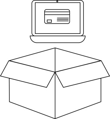 Çevrimiçi alışverişi gösteren basit bir çizim, açık bir karton kutunun üzerinde bir kredi kartı gösteren dizüstü bilgisayar, teslimatı sembolize eden.