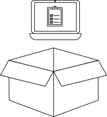 Üzerinde dizüstü bilgisayar bulunan açık bir kutunun tasviri bir kontrol listesi simgesi göstermekte, çevrimiçi siparişleri, dağıtımı ve e-ticaret kavramlarını temsil etmektedir..