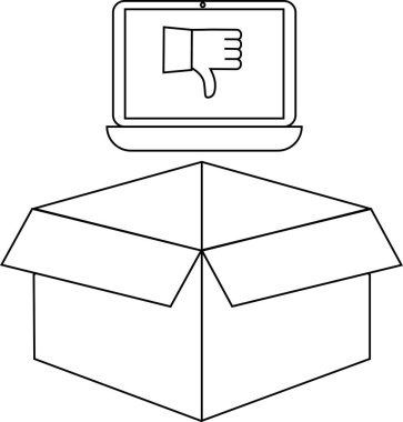 Açık bir karton kutunun üzerine yerleştirilmiş bir dizüstü bilgisayarı gösteren bir çizgi çizimi, olumsuz geri bildirimi ya da boks tecrübesinden tatmin olmamayı simgeliyor..