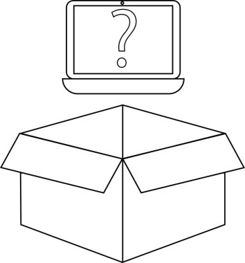 Ekran üzerinde soru işareti olan bir dizüstü bilgisayar, açık bir kutunun üzerinde süzülür ve içeriğindeki belirsizliği simgeler..