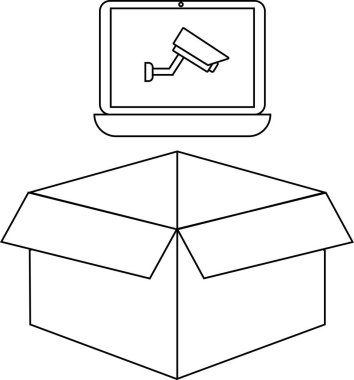 Açık bir kutunun üstündeki dizüstü bilgisayarda gösterilen bir güvenlik kamerası, basit bir çizgi sanatıyla resmedilmiş..