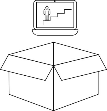 Bir insanın merdivenleri çıktığını gösteren bir dizüstü bilgisayar açık bir kutunun üzerinde, kariyer gelişimini ve fırsatları sembolize eder..