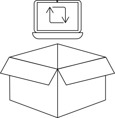 Açık bir kutunun üstündeki dizüstü bilgisayarın basit bir çizgisi çizimi, yazılım dağıtımını, dijital ürünleri veya çevrimiçi hizmetleri temsil ediyor..