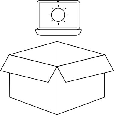 Açık bir karton kutunun üzerine yerleştirilmiş bir dizüstü bilgisayarın basit bir çizgisi çizimi teslimatı ya da paketleri açmayı öneriyor..