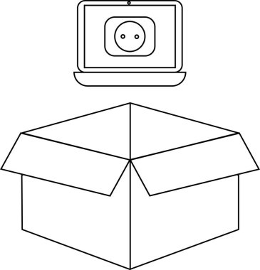 Açık bir karton kutunun üstündeki dizüstü bilgisayarın basit siyah beyaz çizimi teslimat veya depolama öneriyor..