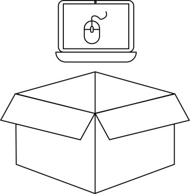 Açık bir kutunun üzerinde basit bir dizüstü bilgisayar çizimi, teknolojiyi, dağıtım hizmetlerini veya çevrimiçi alışveriş kavramlarını resmetmek için ideal.