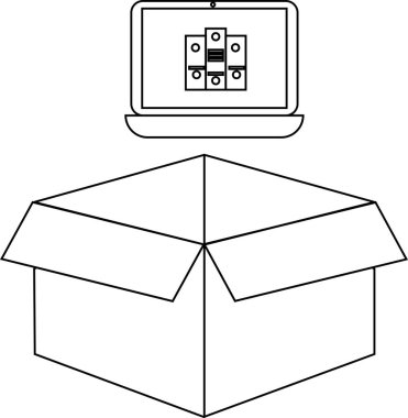 Açık bir kutunun üstündeki dizüstü bilgisayarın basit bir çizgisi çizimi, çevrimiçi siparişleri ve teslimat hizmetlerini sembolize ediyor..