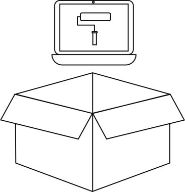 Açık bir kutunun üzerinde dizüstü bilgisayar bulunan, teknoloji, ambalaj ve teslimat kavramlarını sembolize eden bir çizgi çizimi..