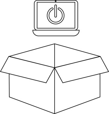 Açık bir kutunun üstündeki dizüstü bilgisayarın basit bir çizimi teknoloji dağıtımını, boks yapmayı veya ürün sevkiyatını sembolize ediyor. E-ticaret, teknik destek veya yeni cihazlar ile ilgili kavramları göstermek için ideal.