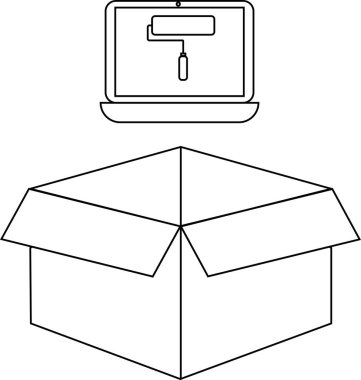 Çeşitli tasarım projeleri için ideal, açık bir kutunun üzerinde dizüstü bilgisayarı gösteren basit bir siyah-beyaz taslak çizimi.