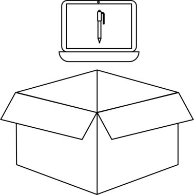 Açık bir karton kutunun üzerine yerleştirilmiş, ekranda kalem olan bir dizüstü bilgisayarın basit bir çizgi çizimi.