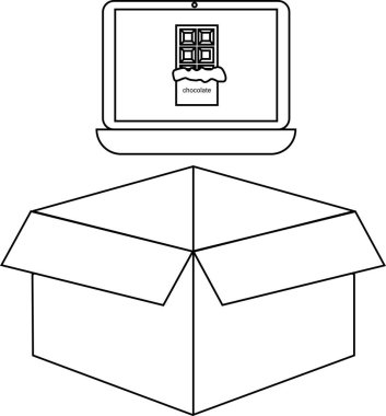 Açık bir karton kutunun üzerinde basit bir grafik tasarımı oluşturan bir çikolata çubuğunu gösteren siyah beyaz çizim..