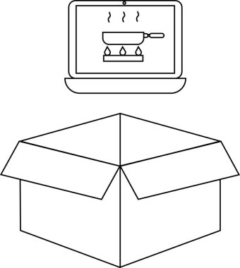 Bir dizüstü bilgisayar, açık bir karton kutunun üzerinde yemek pişirme dersleri veya yemek servisi sunar..