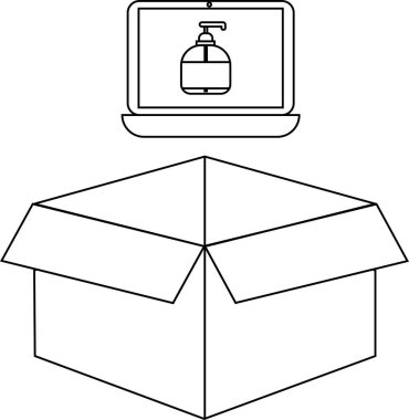 Açık bir karton kutunun üzerinde el dezenfektanı sergilenen bir dizüstü bilgisayarın siyah beyaz çizimi, online alışverişi veya hijyen ürünlerinin teslimatını sembolize ediyor..