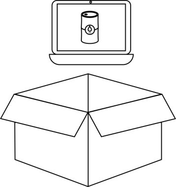 Bir dizüstü bilgisayarda açık bir karton kutunun üzerinde yağ kutusu bulunur. Bu da online alışveriş veya petrol ürünlerinin teslimatı anlamına gelir..