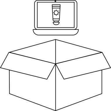 Güneş kremini gösteren bir dizüstü bilgisayar açık bir karton kutunun üzerinde duruyor, her ikisi de basit bir siyah-beyaz çizimde özet olarak çizilmiş..