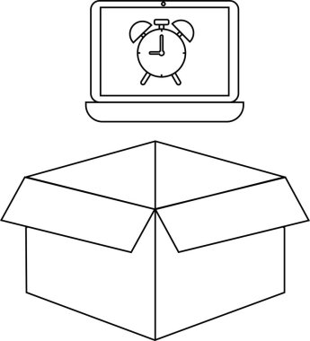 Açık bir karton kutunun üzerinde alarm saatini gösteren bir dizüstü bilgisayar çizimi, beyaz üzerine izole edilmiş..