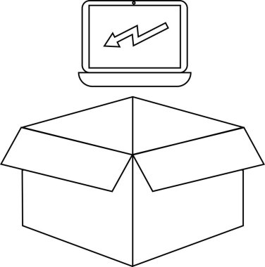 Açık bir karton kutunun üzerinde aşağı doğru eğilimli grafiği gösteren bir dizüstü bilgisayarın basit bir siyah-beyaz çizimi, piyasanın gerilediğini gösteriyor..