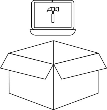 Açık bir karton kutunun üzerine yerleştirilmiş çekiç simgesini gösteren bir dizüstü bilgisayarın basit bir resmi..