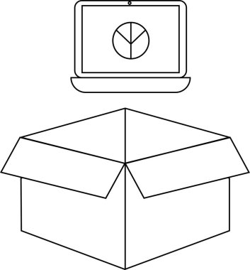Açık bir karton kutunun üzerinde veri analizi ve teslimatı sembolize eden bir pasta grafiğini gösteren bir dizüstü bilgisayar çizimi.