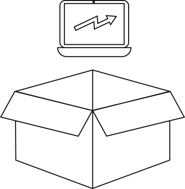 Yükselen bir grafiği gösteren basit bir dizüstü bilgisayar çizimi, açık bir karton kutunun üzerinde, iş büyümesi veya teslimatı öneriyor..