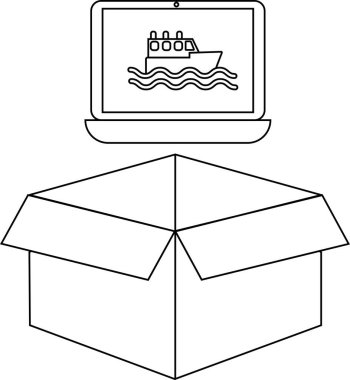 Açık bir karton kutunun üzerinde bir gemi resmi gösteren dizüstü bilgisayar, çevrimiçi nakliye veya teslimat kavramı oluşturur.