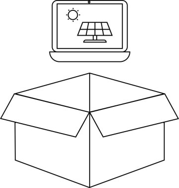 Güneş paneli tasarımını gösteren bir dizüstü bilgisayar açık bir karton kutunun üzerinde, teknoloji, sürdürülebilirlik ve ambalaj temaları öneriyor.