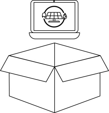 Bir güneş paneli simgesini gösteren bir dizüstü bilgisayar açık bir karton kutunun üzerinde oturur, teknoloji, sürdürülebilirlik ve ambalaj temaları önerir.