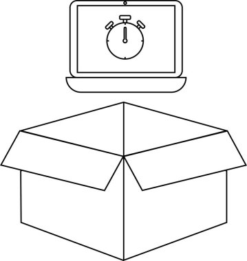 Dağıtım zamanını sembolize eden, açık bir karton kutunun üzerindeki zamanlayıcıyı gösteren siyah-beyaz bir çizim..