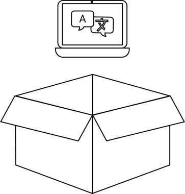 Çevirisi simgesi açık bir karton kutunun üzerinde asılı duran bir dizüstü bilgisayar, dil hizmetleri veya yazılım dağıtımı öneriyor.