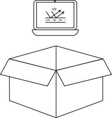 UV yansımasını gösteren bir dizüstü bilgisayar, basit bir çizgi çizim tarzında tasvir edilmiş, açık bir karton kutunun üzerinde oturur.