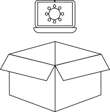 Virüs simgesini gösteren bir dizüstü bilgisayar açık bir kutunun üzerinde asılı duruyor, basit bir çizgi sanat tarzında resmedilmiş..