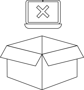 Açık bir karton kutunun üzerinde X işareti olan bir dizüstü bilgisayarın basit bir siyah-beyaz çizimi, bir problem veya hata öneriyor.