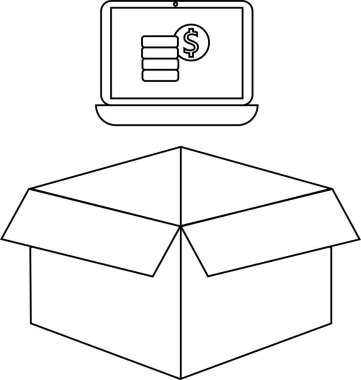Açık bir kutunun üzerinde para gösteren bir dizüstü bilgisayarın tasviri, çevrimiçi iş, e-ticaret veya dijital işlemleri temsil ediyor.