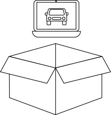 Bir dizüstü bilgisayar, açık bir karton kutunun üzerinde online araba alışverişini ve teslimatını sembolize eder..