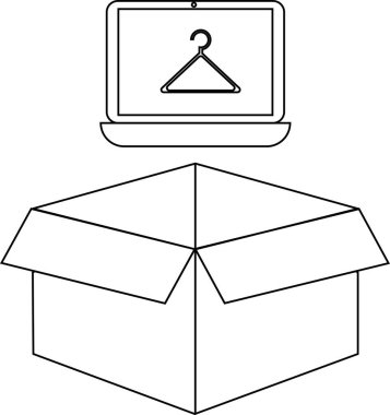 Açık bir teslimat kutusunun üzerinde elbise askısı olan bir dizüstü bilgisayar tasviri, çevrimiçi kıyafet siparişleri ve teslimatları temsil ediyor..
