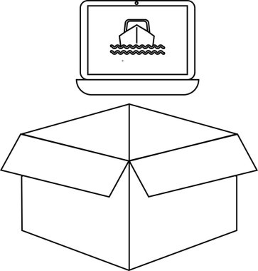 Bir dizüstü bilgisayar, açık bir karton kutunun üzerinde, çevrimiçi nakliye ve teslimat hizmetlerini sembolize eden bir tekne simgesi gösterir..