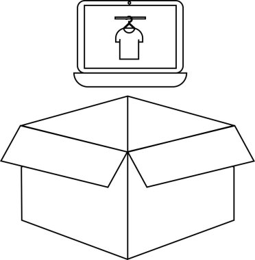 Çevrimiçi alışveriş tasvir eden minimalist bir illüstrasyon, açık bir karton kutunun üzerinde bir tişört sergilenen bir dizüstü bilgisayar, e-ticaret ve teslimatı simgeliyor..