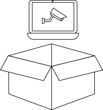 Açık bir kutunun üstündeki dizüstü bilgisayarda gösterilen bir güvenlik kamerası, basit bir çizgi sanatıyla resmedilmiş..