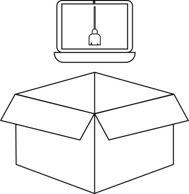 Üzerinde dizüstü bilgisayar olan, ekranda asılı bir püsküllü açık bir kutunun basit bir siyah beyaz çizimi..