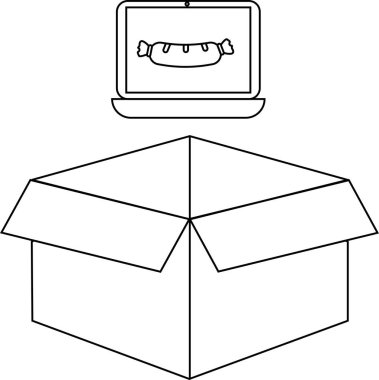 Açık bir kutunun üstündeki ekranda dijital bir sosis rulosu beliriyor, bu da sanal bir teslimat veya çevrimiçi yemek siparişi konseptini akla getiriyor..