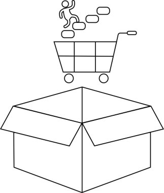 Bir adamın açık bir kutunun üzerinde duran alışveriş arabasına bindiğini gösteren kavramsal bir illüstrasyon, gelişmeyi ve potansiyel satın almayı simgeliyor..