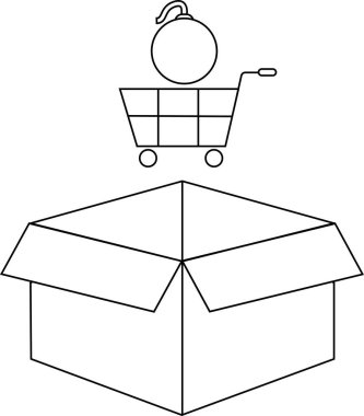 Açık bir kutunun üstündeki alışveriş arabasında bomba çizimi, ticarette tehlikeyi, riski ya da beklenmedik sonuçları simgeliyor..