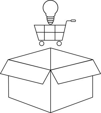 Alışverişin dışında düşünmenin kavramsal bir gösterimi, açık bir kutunun üzerinde ampulü olan bir alışveriş arabası..