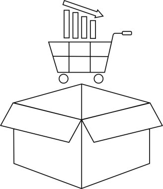 Düşen satışları tasvir eden illüstrasyon, açık kutunun üzerine barlar düşmüş bir alışveriş arabasının yer alması, iş sorunlarını sembolize ediyor.