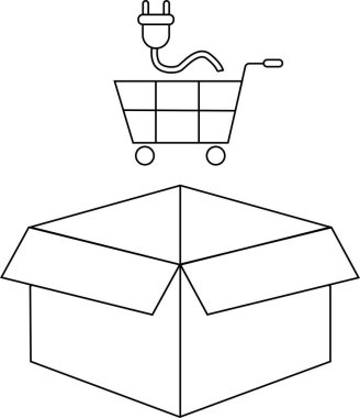 Üzerinde alışveriş arabası ve elektrik prizi olan açık bir kutu tasvir eden basit bir çizgi online alışveriş ve teslimatı sembolize ediyor..