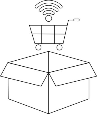 İnternet üzerinden alışveriş, alışveriş sepeti ve kablosuz internet sembolü ile e-ticareti ve dijital perakendeciyi temsil eden basit bir resim çizgisi çizimi.