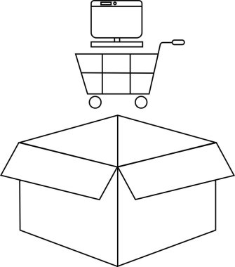 Üstünde online alışveriş ve teslimatı temsil eden bir monitör bulunan açık bir kutu tasviri..